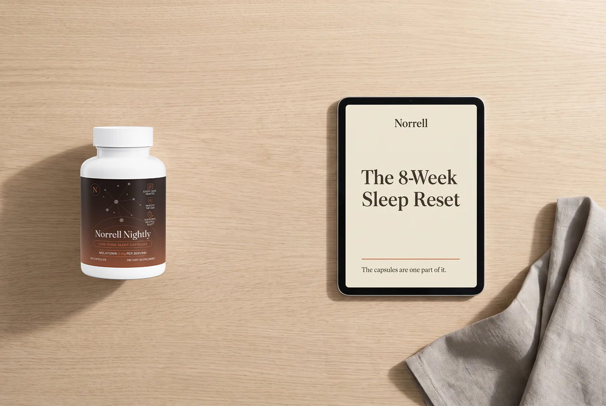 Norrell Nightly Sleep Capsules beside the printed 8-Week Sleep Reset