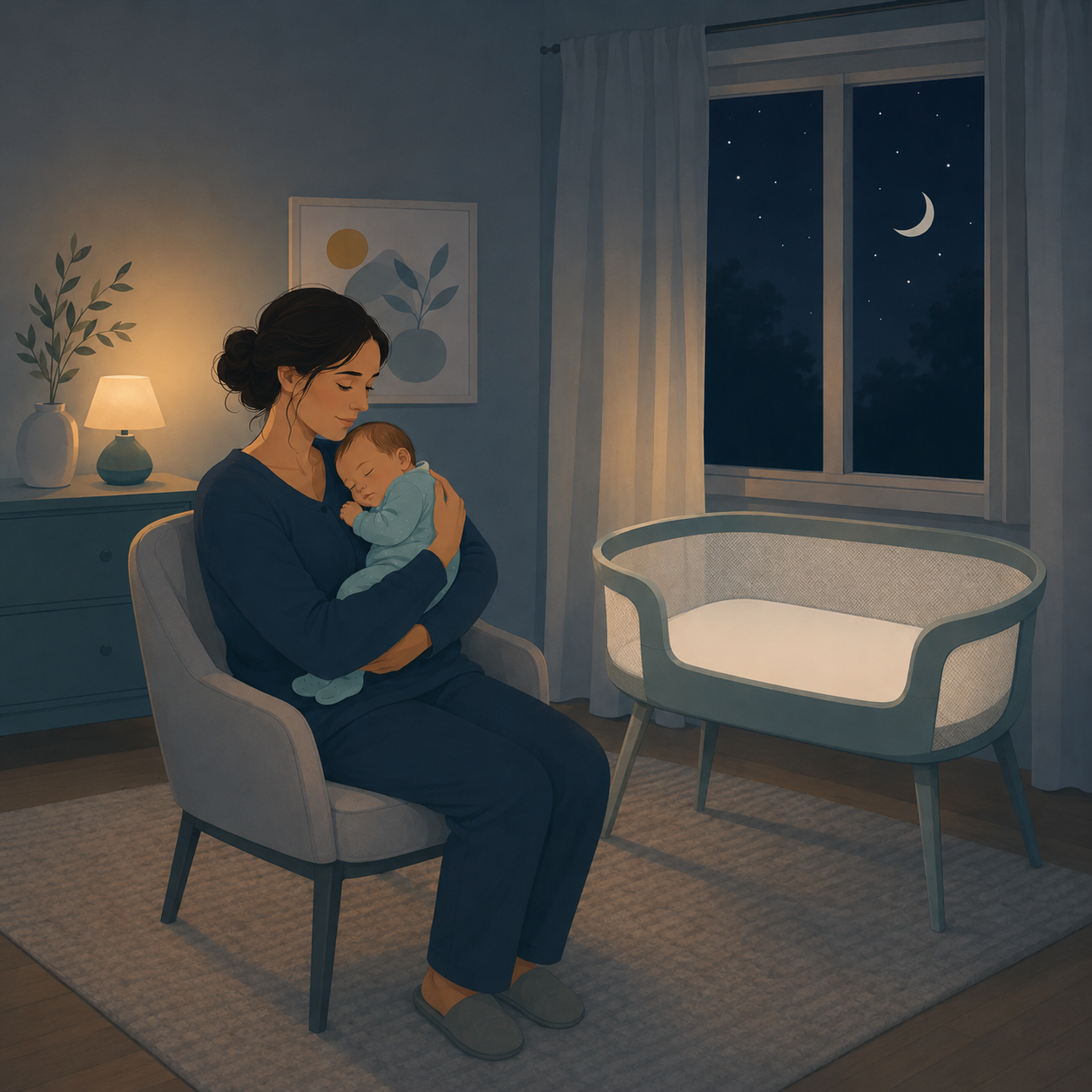An awake caregiver holding a sleeping baby beside an empty bassinet at night.