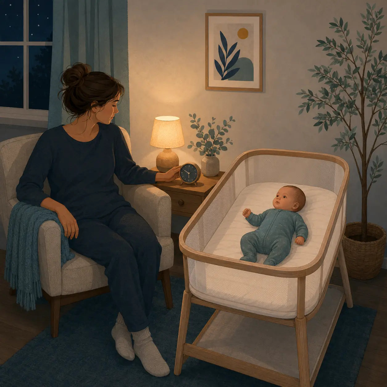 An awake caregiver checks a clock beside her awake baby lying safely in an empty bassinet.